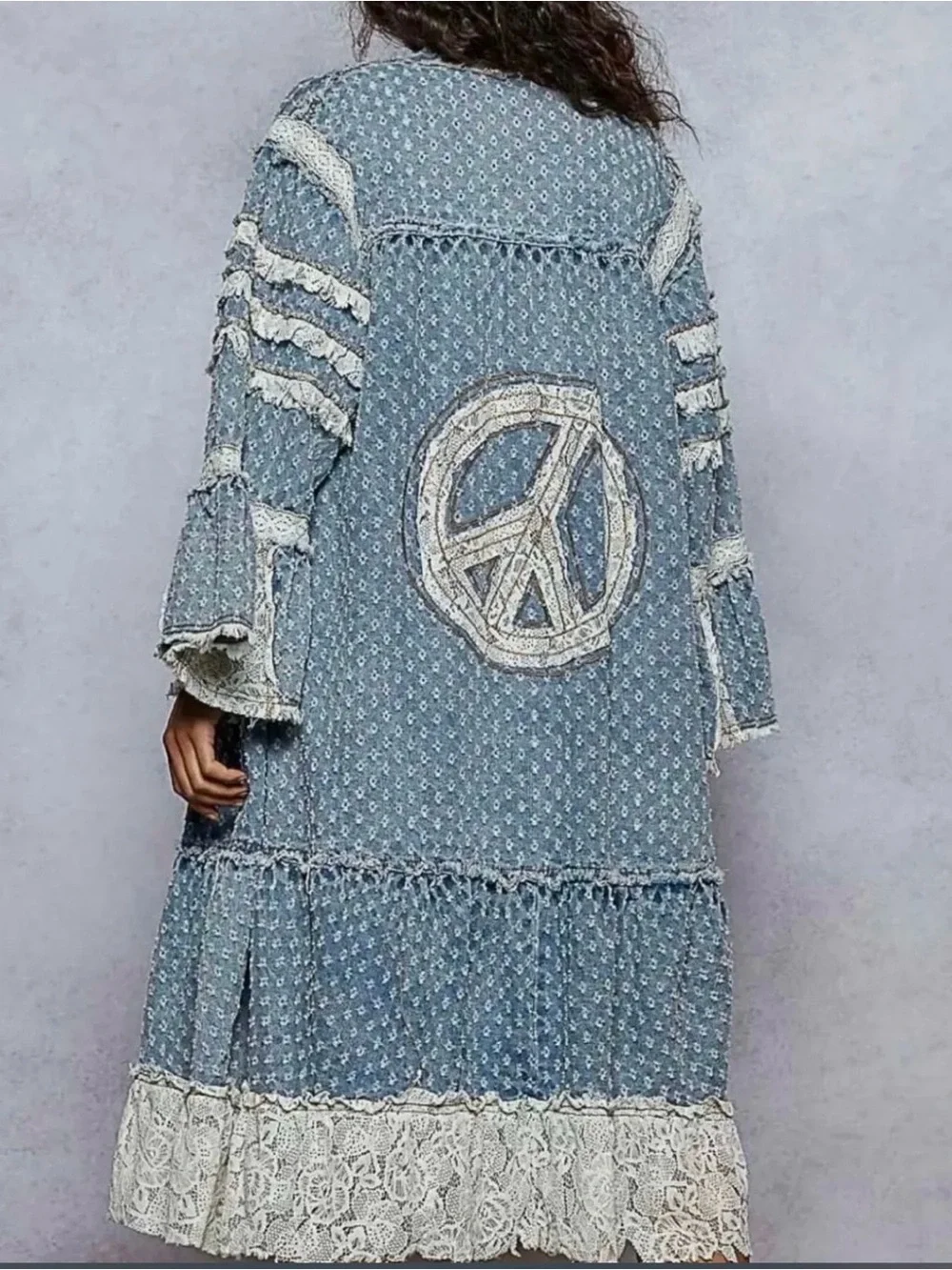 POL Blue Denim-Print Lace-Trim Kimono Coverup